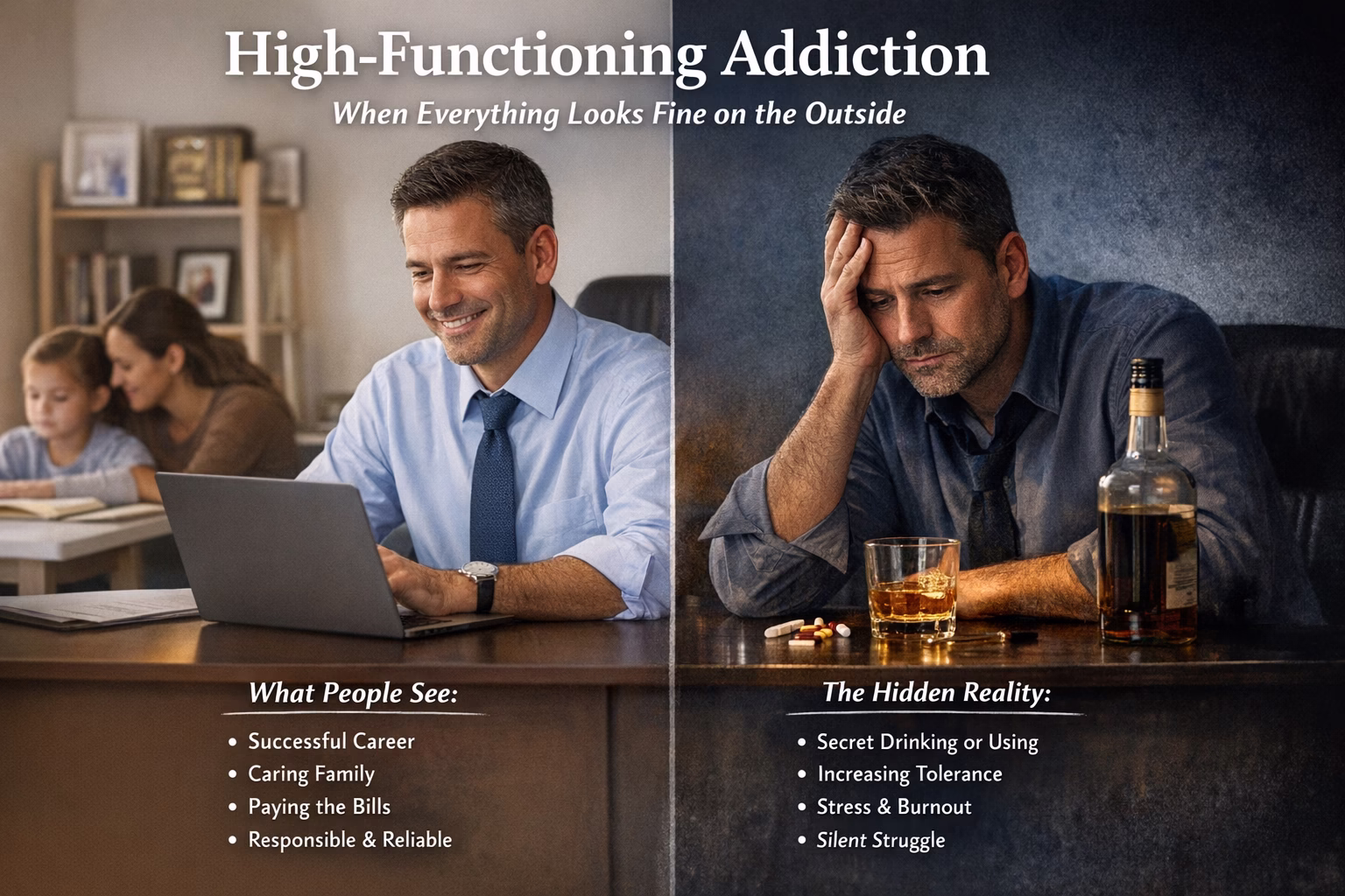High-functioning addiction can be difficult to recognize because life may still appear stable on the outside. Learn the hidden signs and why early treatment matters Alpine Centers Salt Lake City